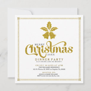 Gold Glitter Christmas Bells Dinner Invite
