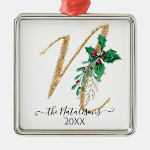 Gold Glitter Christmas Holly Foliage Monogram N Metal Ornament