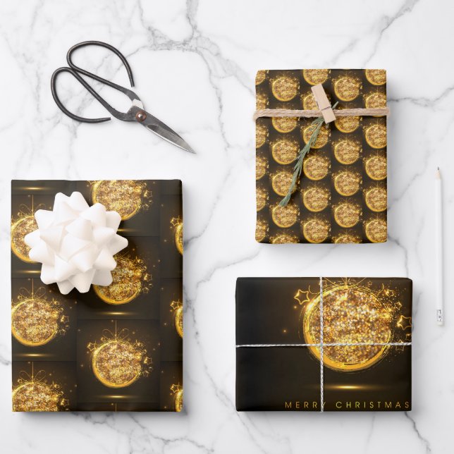 Gold Glitter Christmas Ornament Elegant Dark Brown Wrapping Paper Sheet (Front)