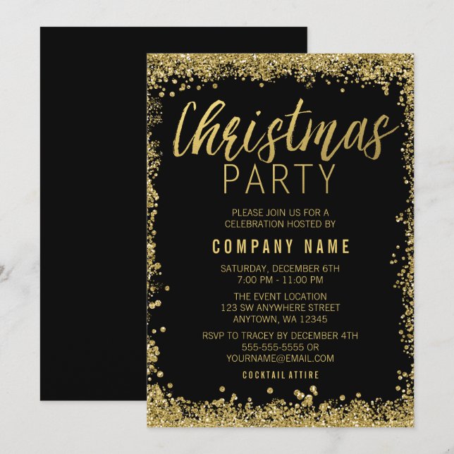 Gold Glitter Christmas Party Invitation (Front/Back)