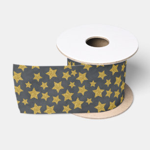 Gold Glitter Christmas Stars on Charcoal Grey Satin Ribbon