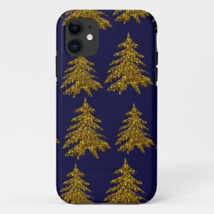 Gold glitter Christmas tree on blue background  iPhone 11 Case