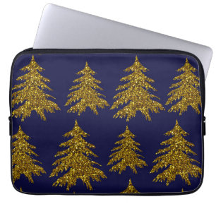 Gold glitter Christmas tree on blue background Laptop Sleeve
