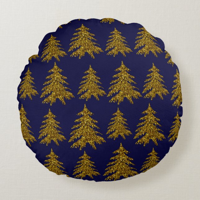 Gold glitter Christmas tree on blue background  Round Cushion (Front)