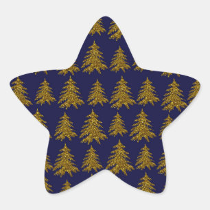 Gold glitter Christmas tree on blue background Star Sticker