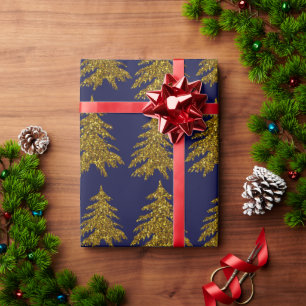 Gold glitter Christmas tree on blue background Wrapping Paper