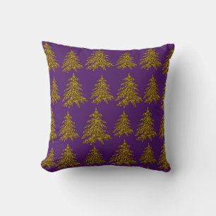 Gold glitter Christmas tree on purple background Cushion