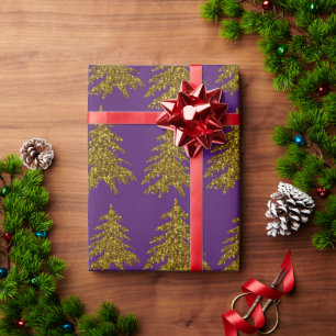 Gold glitter Christmas tree on purple background  Wrapping Paper