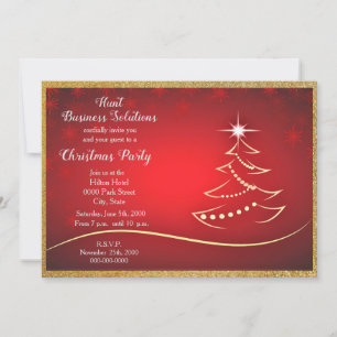 Gold Glitter Christmas Tree on Red Holiday Party Invitation