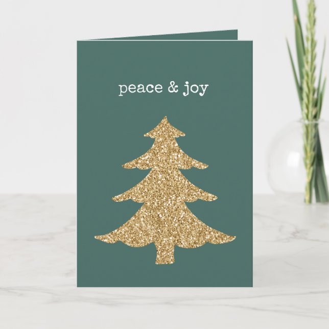 Gold Glitter Christmas Tree Pine Green Peace Card (Front)