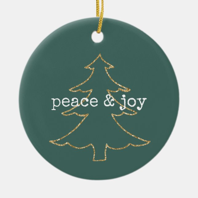 Gold Glitter Christmas Tree Pine Green Peace Ceramic Ornament (Front)