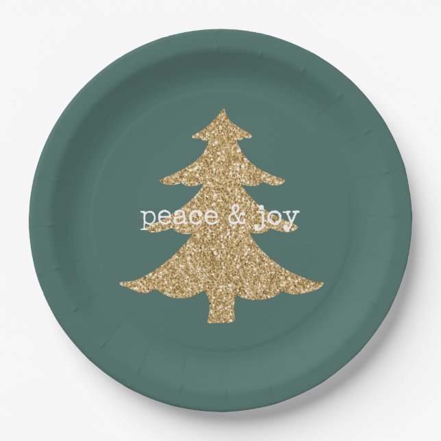 Gold Glitter Christmas Tree Pine Green Peace Paper Plate (Front)