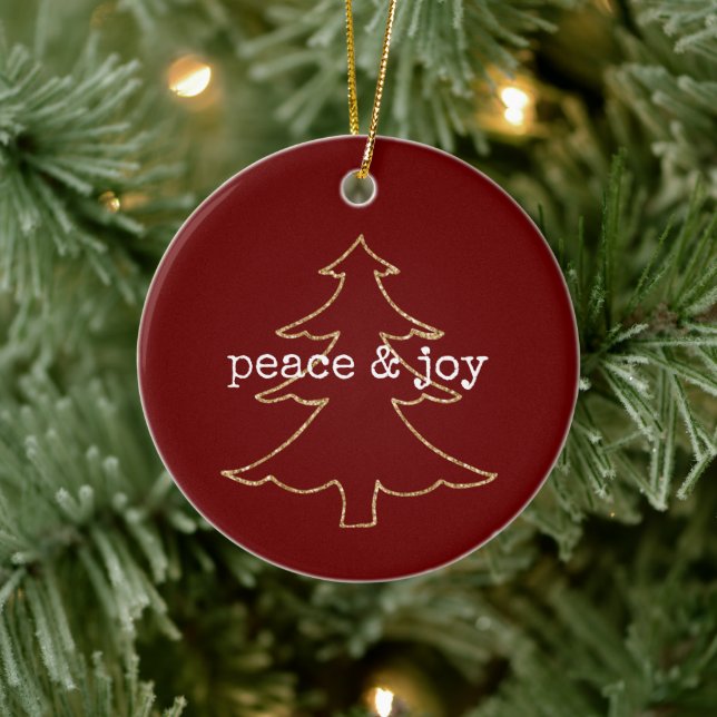 Gold Glitter Christmas Tree Red Peace Ceramic Ornament (Tree)