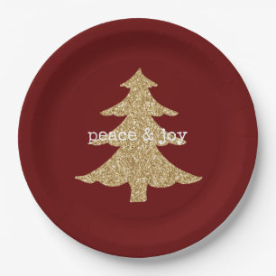 Gold Glitter Christmas Tree Red Peace Paper Plate