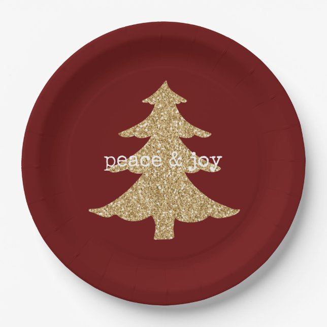 Gold Glitter Christmas Tree Red Peace Paper Plate (Front)