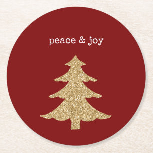 Gold Glitter Christmas Tree Red Peace Round Paper Coaster