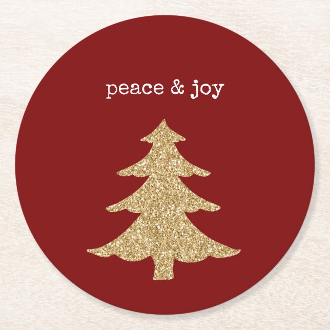 Gold Glitter Christmas Tree Red Peace Round Paper Coaster (Front)