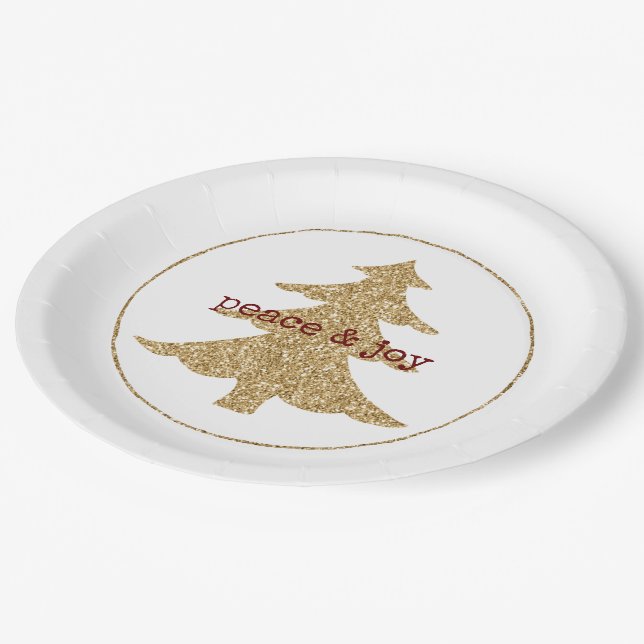 Gold Glitter Christmas Tree Red White Peace Paper Plate (Angled)