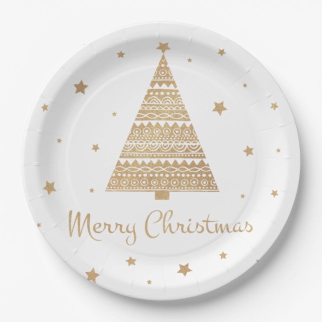 Gold Glitter Christmas Tree Star Merry Christmas Paper Plate (Front)