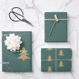 Gold Glitter Christmas Trees Pine Green Quotes Wrapping Paper Sheet
