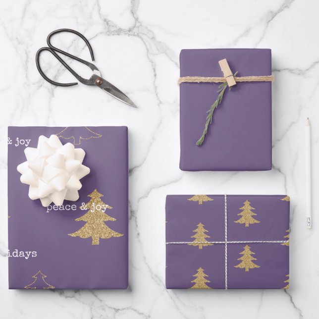 Gold Glitter Christmas Trees Purple Quotes Wrapping Paper Sheet (Front)
