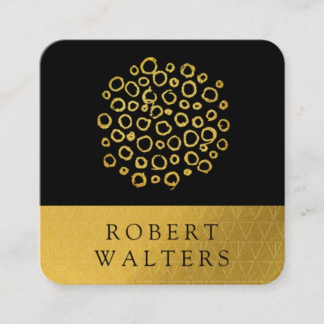 Gold Glitter Circle Foil Pattern | Gold Trim Square Business Card (Front)