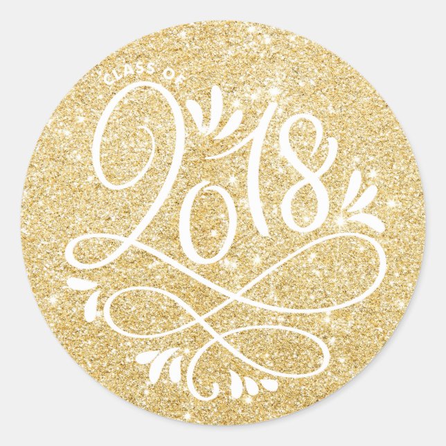 Gold Glitter Class of 2018 Flourish Graduation Classic Round Sticker (Front)