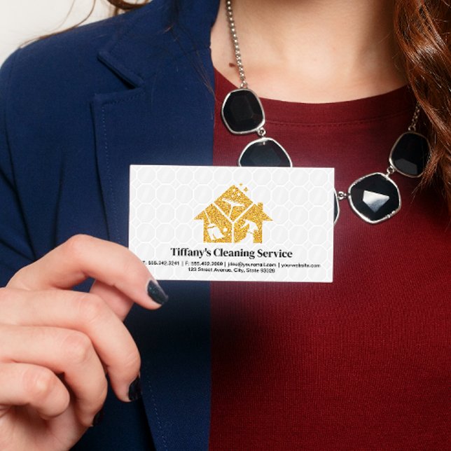Gold Glitter Cleaning Icons | Maid Services Business Card (Creator Uploaded)