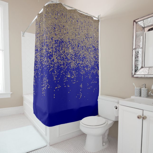 Gold Glitter Cobalt Blue Gradient Ombre Confetti Shower Curtain (In Situ)