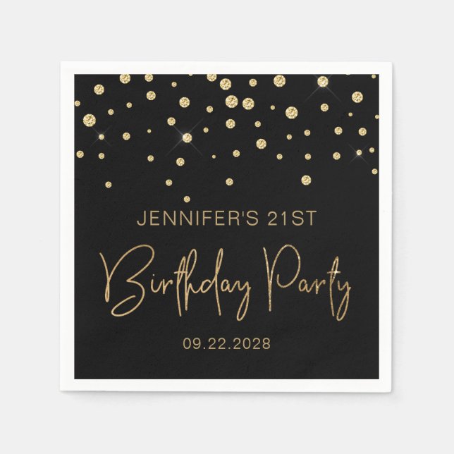Gold Glitter Confetti 21st Birthday Party Black Napkin (Front)