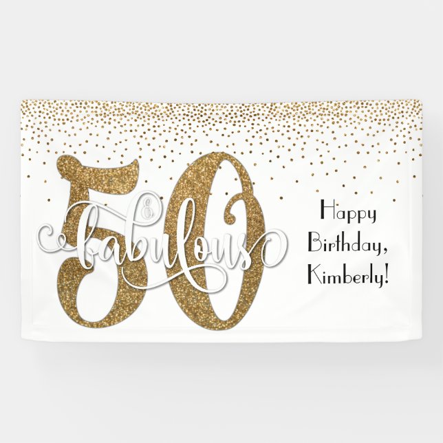 Gold Glitter Confetti 50 & Fabulous Happy Birthday Banner (Horizontal)