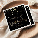 Gold Glitter Confetti 60th Birthday Party Black Napkin<br><div class="desc">These elegant birthday napkins feature a sprinkling of gold diamond confetti and the words "Birthday Party" in gold faux glitter typography on a black background. Personalise them with the honoree's name and birthday year and the date.</div>