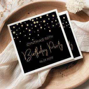 Gold Glitter Confetti 60th Birthday Party Black Napkin
