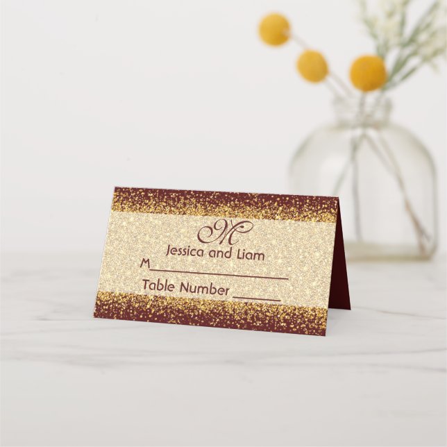 Gold Glitter Confetti and Burgundy Place Card (Front)