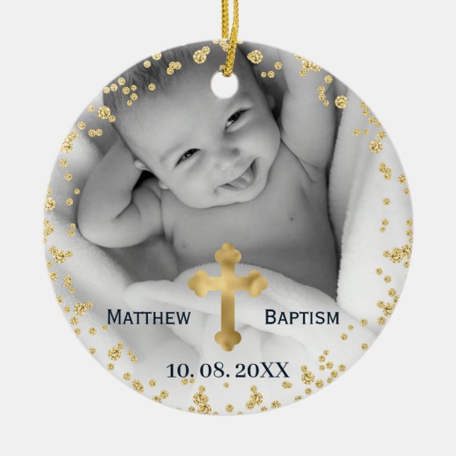 Gold Glitter Confetti Baby Baptism Photo Ceramic Ornament (Front)