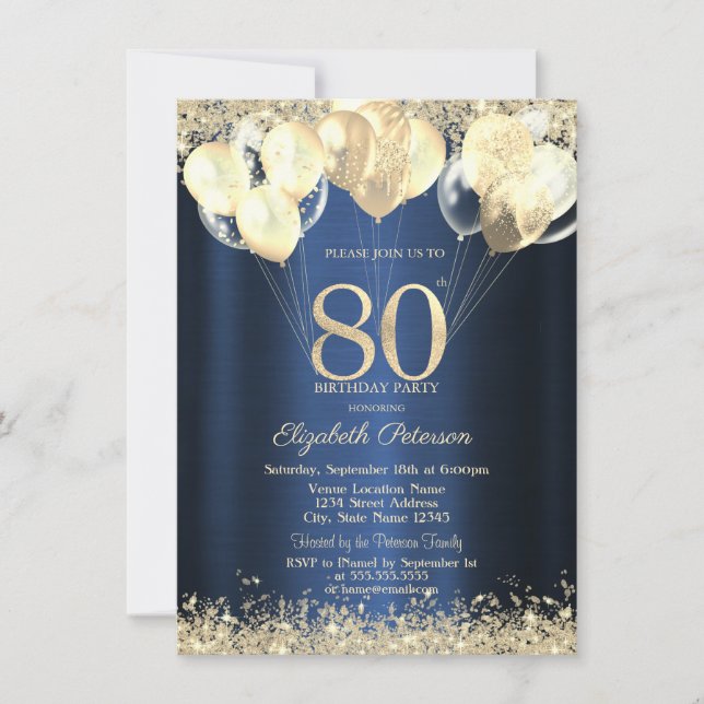 Gold Glitter Confetti Balloons Blue 80th  Invitation (Front)