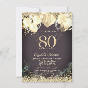 Gold Glitter Confetti Balloons Burgundy 80th  Invitation