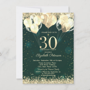 Gold Glitter Confetti Balloons Green 30th Birthday Invitation