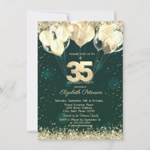 Gold Glitter Confetti Balloons Green 35th Birthday Invitation