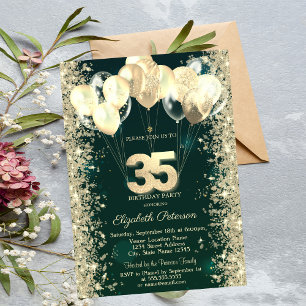 Gold Glitter Confetti Balloons Green 35th Birthday Invitation
