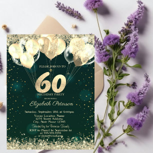 Gold Glitter Confetti Balloons Green 60th Birthday Invitation