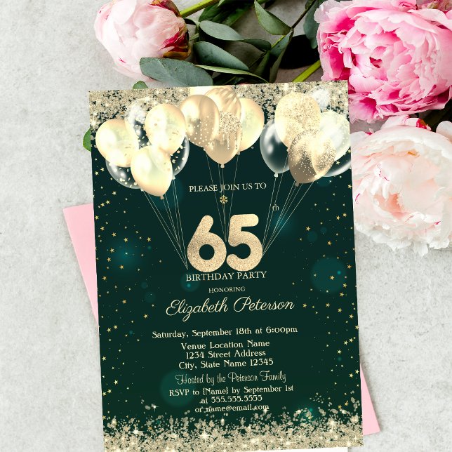 Gold Glitter Confetti Balloons Green 65th Birthday Invitation (Creator Uploaded)