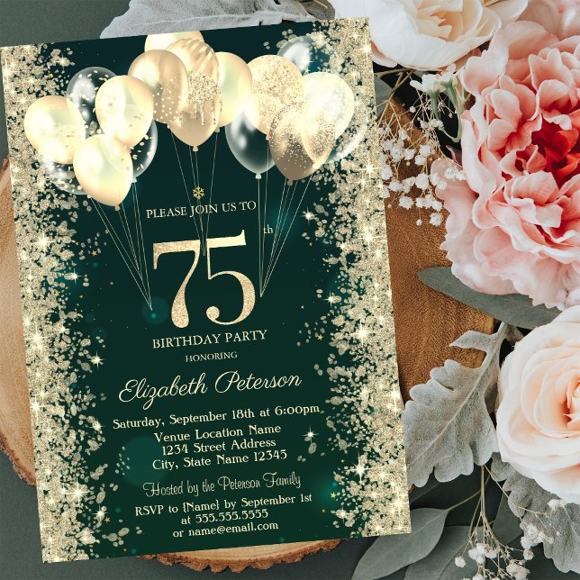Gold Glitter Confetti Balloons Green 75th Birthday Invitation (Creator Uploaded)
