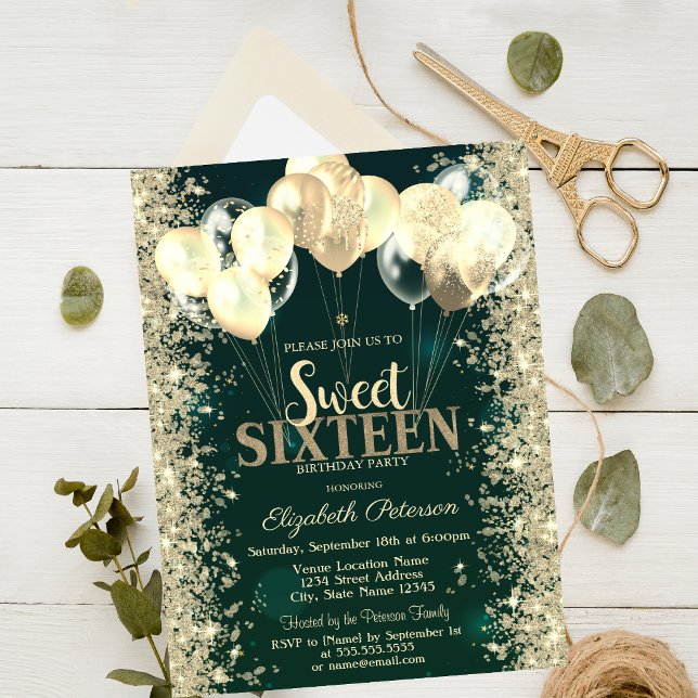  Gold Glitter Confetti Balloons Green Sweet 16 Invitation (Creator Uploaded)