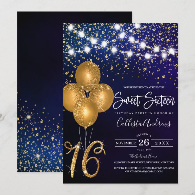 Gold Glitter Confetti Balloons Lights Sweet 16 Invitation (Front/Back)