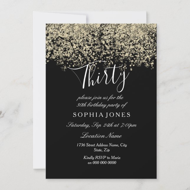 Gold Glitter Confetti Black 30th birthday party Invitation (Front)