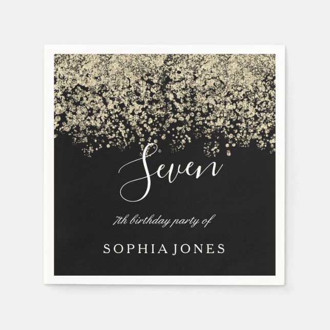 Gold Glitter Confetti Black 7th birthday party Napkin (Front)
