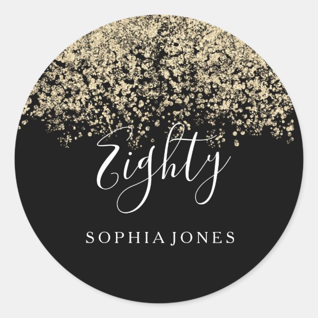 Gold Glitter Confetti Black 80th birthday party Classic Round Sticker (Front)