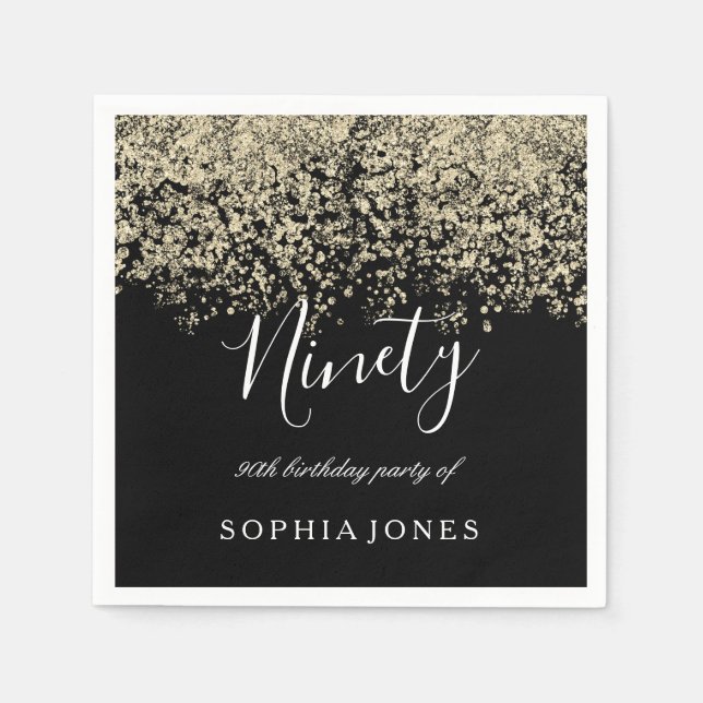 Gold Glitter Confetti Black 90th birthday party Napkin (Front)
