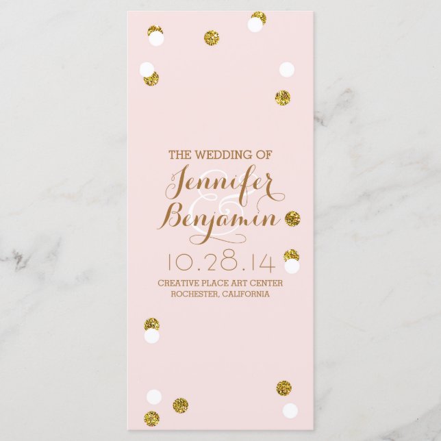 gold glitter confetti blush wedding programs (Front)